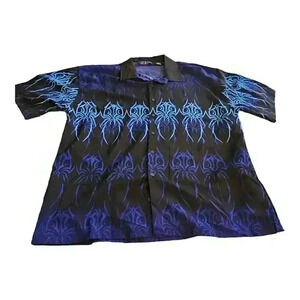 Y2K Zen Blue Tribal Design Polyester Button Up Shirt XXL